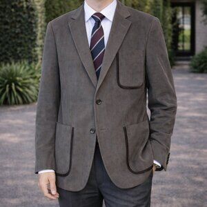 Gucci Dark Brown Canvas Blazer with Leather Pocket Accents Made In Switzerland